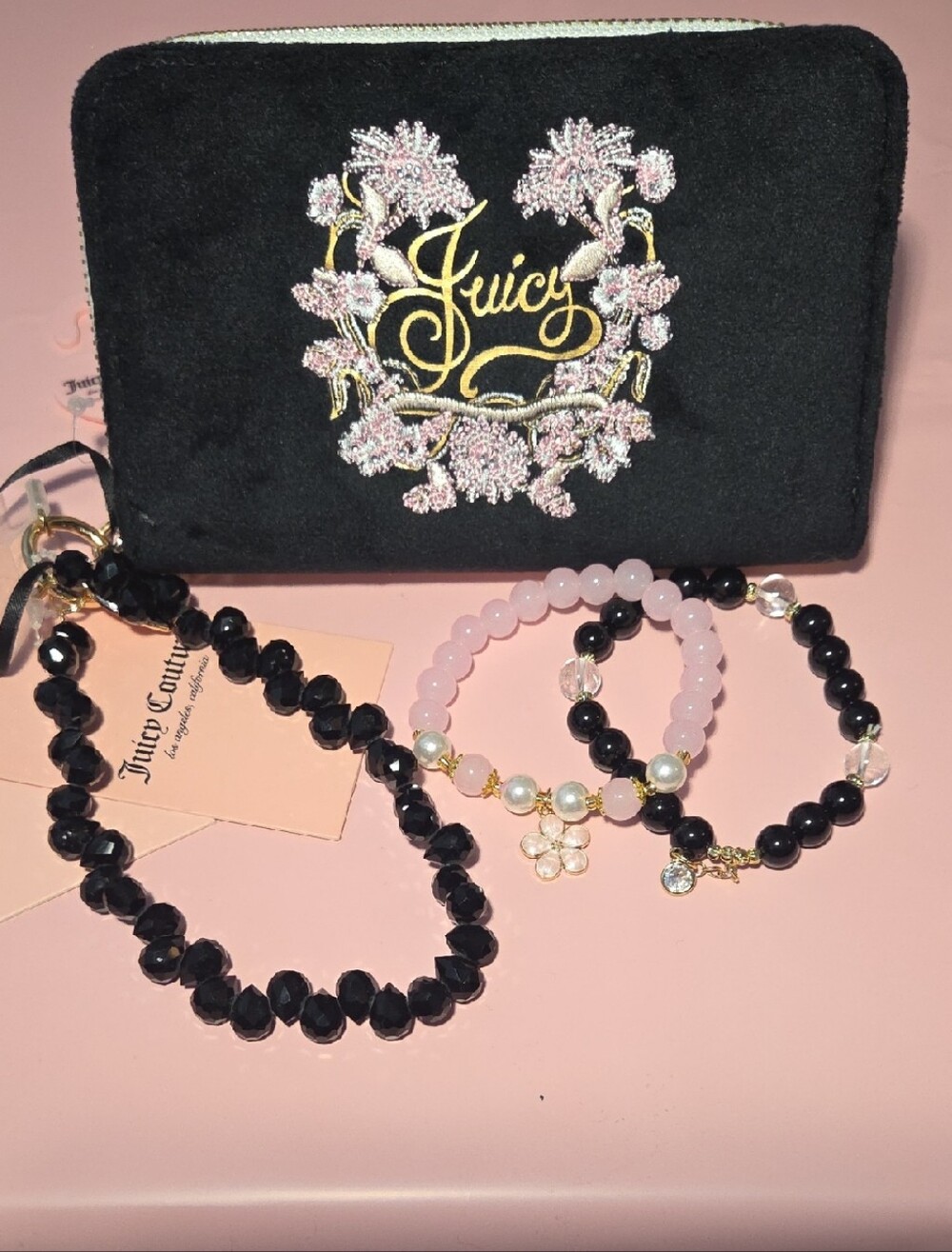 Juicy Couture Black Velvet Logo Wristlet with Pink and Black Beaded Bracelets